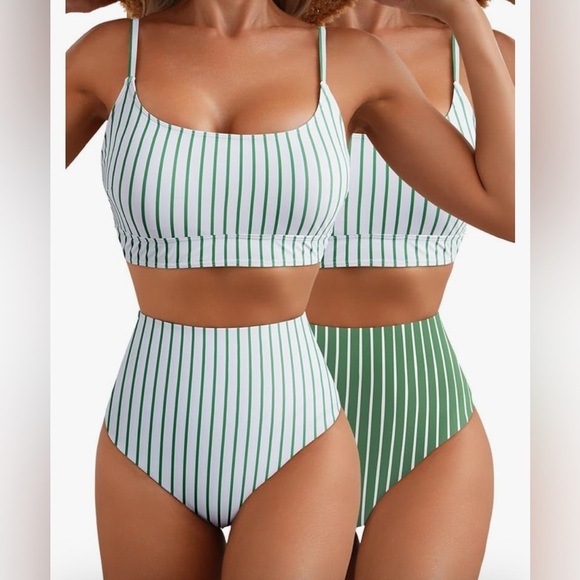 Herseas Size Large Striped Green and White Bikini Set. NWOT - Picture 4 of 8